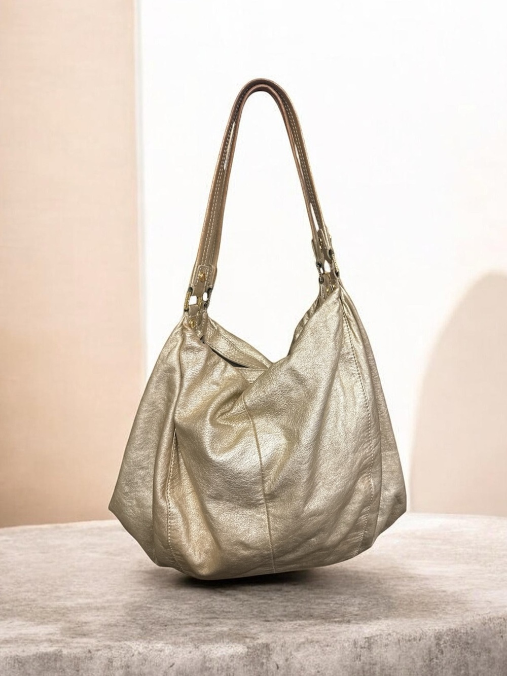 Tory Burch Metallic Gold Leather Shoulder Hobo with Tassel and Mirror Charm - Picture 2 of 8